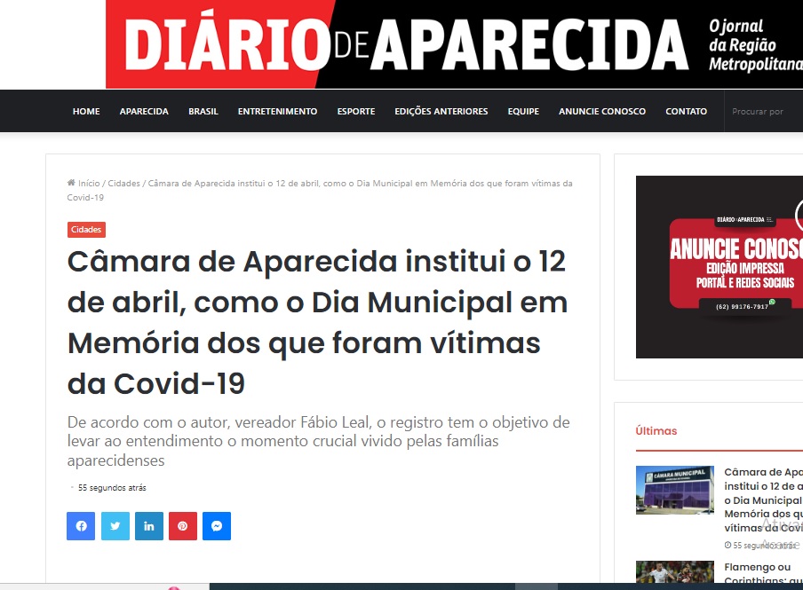 Câmara de Aparecida institui o 12 de abril, como o Dia Municipal em memória dos que foram vítimas da covid-19