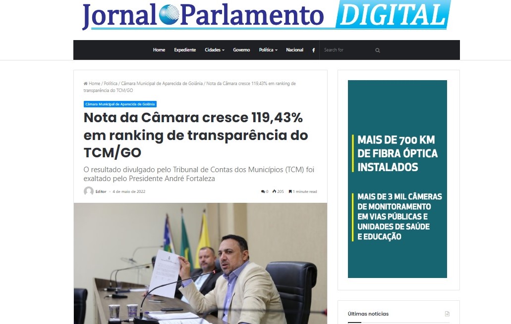 Nota da Câmara cresce 119,43% em ranking de transparência do TCM/GO