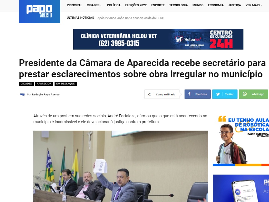 Presidente da Câmara de Aparecida recebe secretário para prestar esclarecimentos sobre obra irregular no município