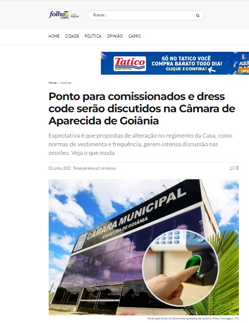 Ponto para comissionados e dress code serão discutidos na Câmara de Aparecida de Goiânia