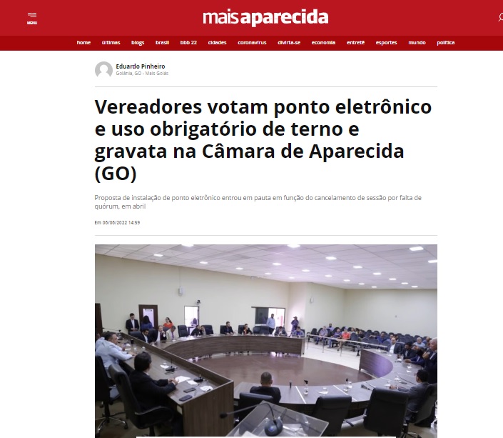 Vereadores votam ponto eletrônico e uso obrigatório de terno e gravata na Câmara de Aparecida