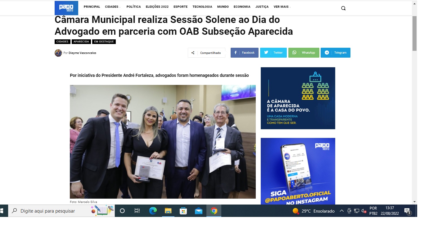 Câmara Municipal realiza Sessão Solene ao Dia do Advogado em parceria com OAB Subseção Aparecida