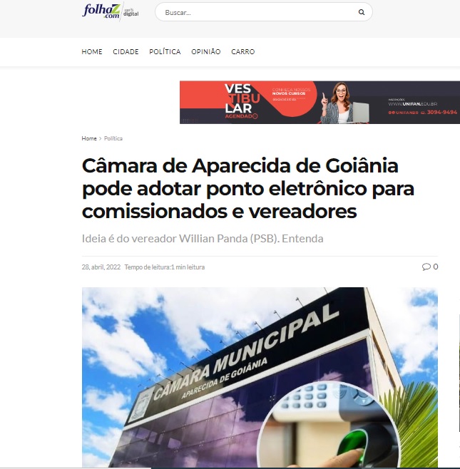 Câmara de Aparecida de Goiânia pode adotar ponto eletrônico para comissionados e vereadores