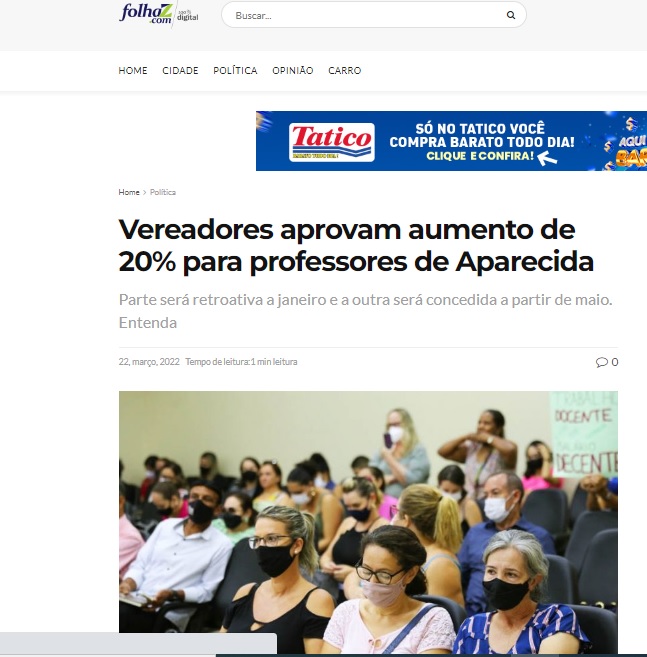 Vereadores aprovam aumento de 20% para professores de Aparecida