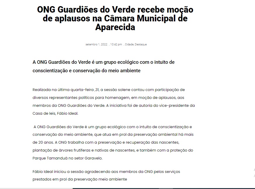 ONG Guardiões do Verde recebe moção de aplausos na Câmara Municipal de Aparecida