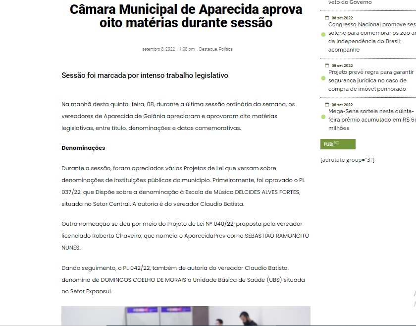 Câmara Municipal de Aparecida aprova oito matérias durante sessão