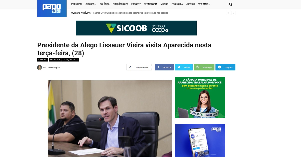 Presidente da Alego Lissauer Vieira visita Aparecida nesta terça-feira