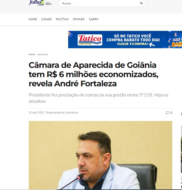 Câmara de Aparecida de Goiânia tem R$ 6 milhões economizados, revela André Fortaleza