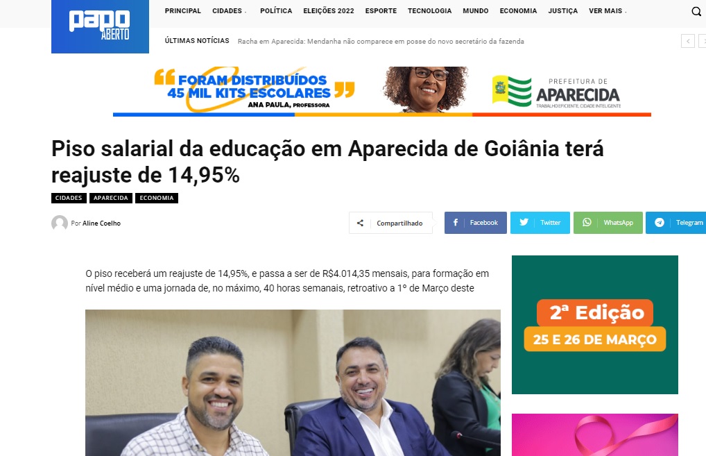 Piso salarial da educação em Aparecida de Goiânia terá reajuste de 14,95%