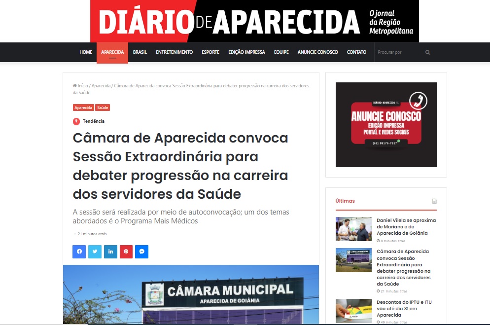 Câmara de Aparecida convoca Sessão Extraordinária para debater progressão na carreira dos servidores da Saúde