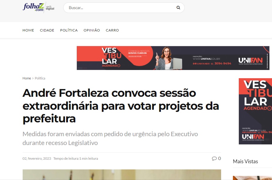 André Fortaleza convoca sessão extraordinária para votar projetos da prefeitura