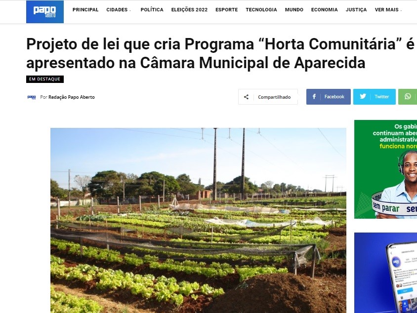 Projeto de lei que cria Programa "horta comunitária" é apresentado na Câmara Municipal de Aparecida