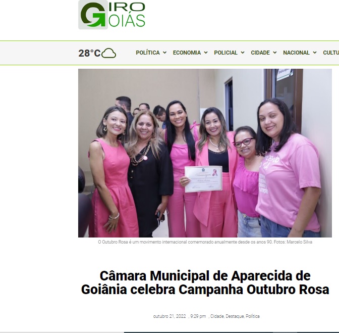 Câmara Municipal de Aparecida de Goiânia celebra Campanha Outubro Rosa