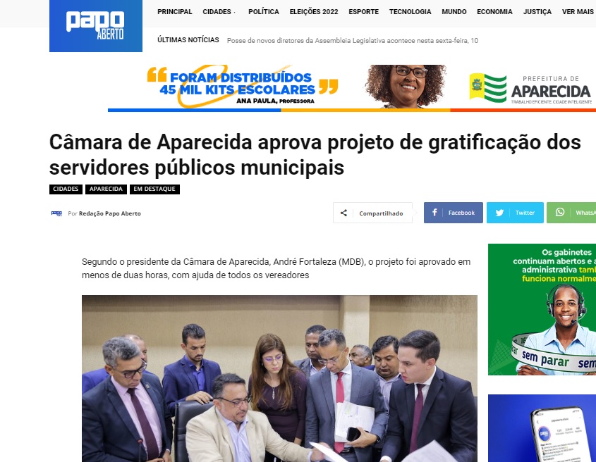 Câmara de Aparecida aprova projeto de gratificação dos servidores públicos municipais
