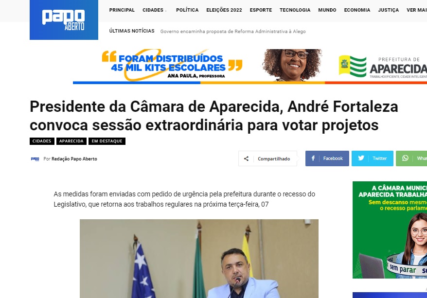 Presidente da Câmara de Aparecida, André Fortaleza convoca sessão extraordinária para votar projetos