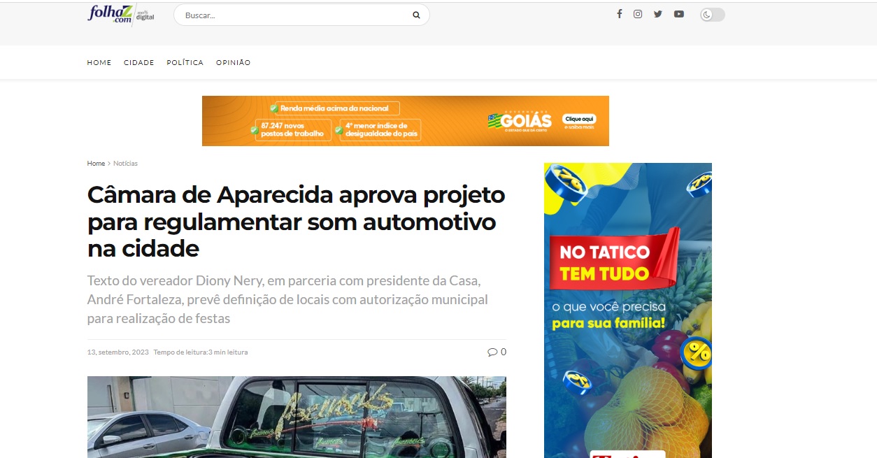 Câmara de Aparecida aprova projeto para regulamentar som automotivo na cidade