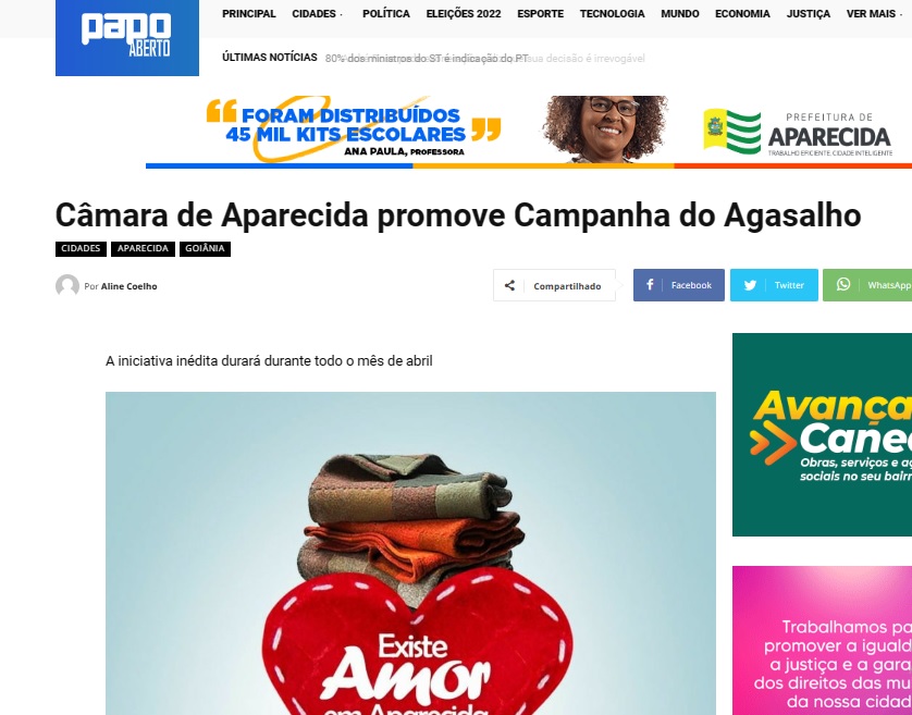 Câmara de Aparecida promove Campanha do Agasalho