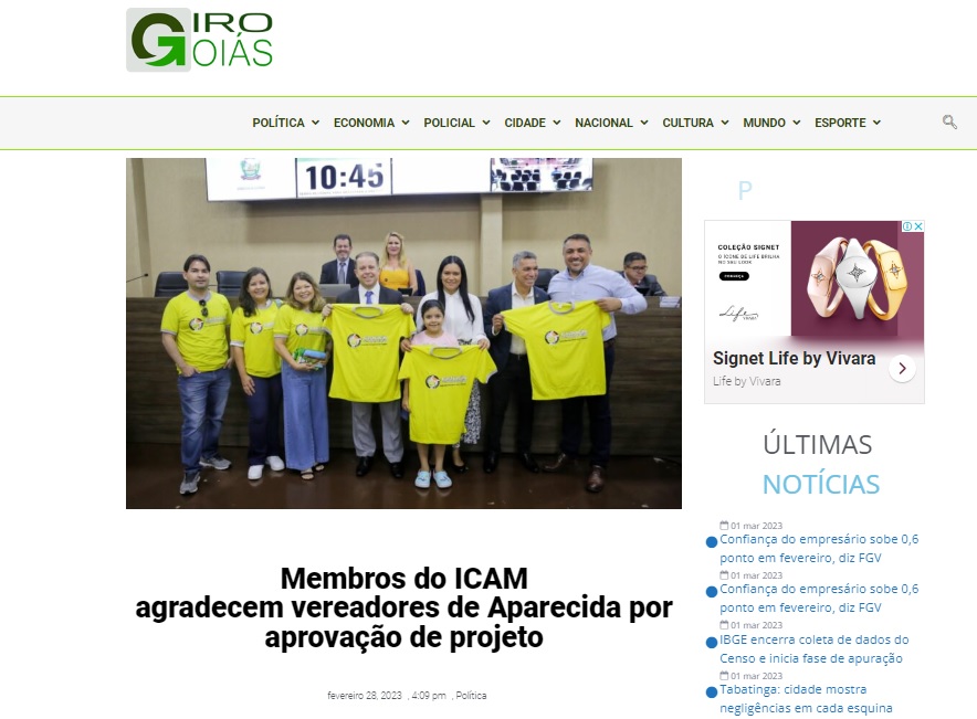 Membros do ICAM agradecem vereadores de Aparecida por aprovação de projeto