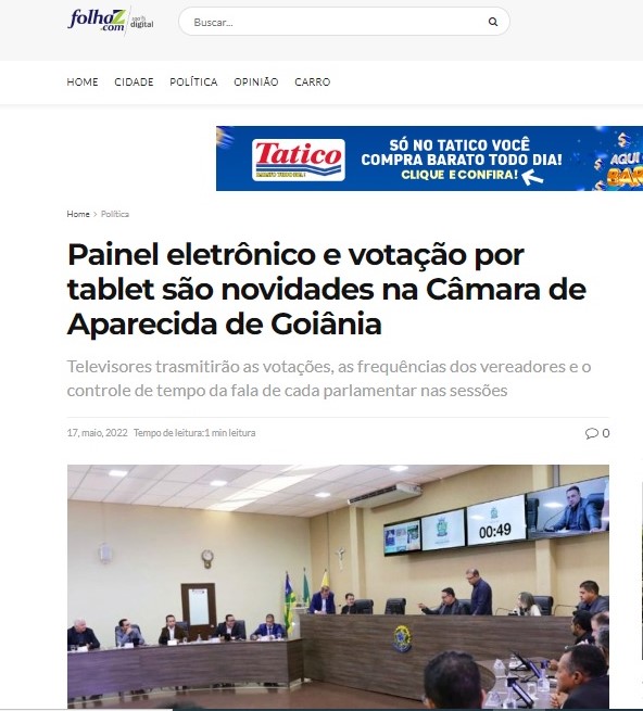 Painel eletrônico e votação por tablet são novidades na Câmara de Aparecida de Goiânia