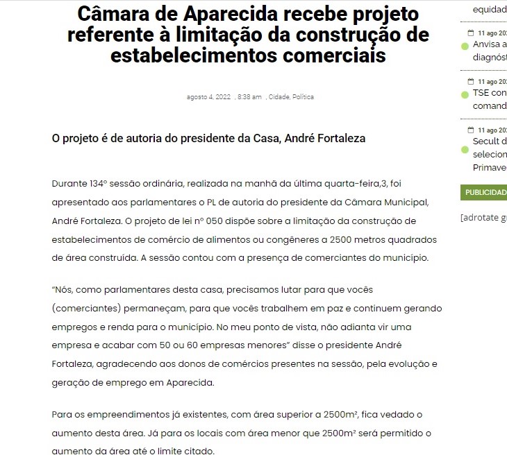 Câmara de Aparecida recebe projeto referente à limitação da construção de estabelecimentos comerciais