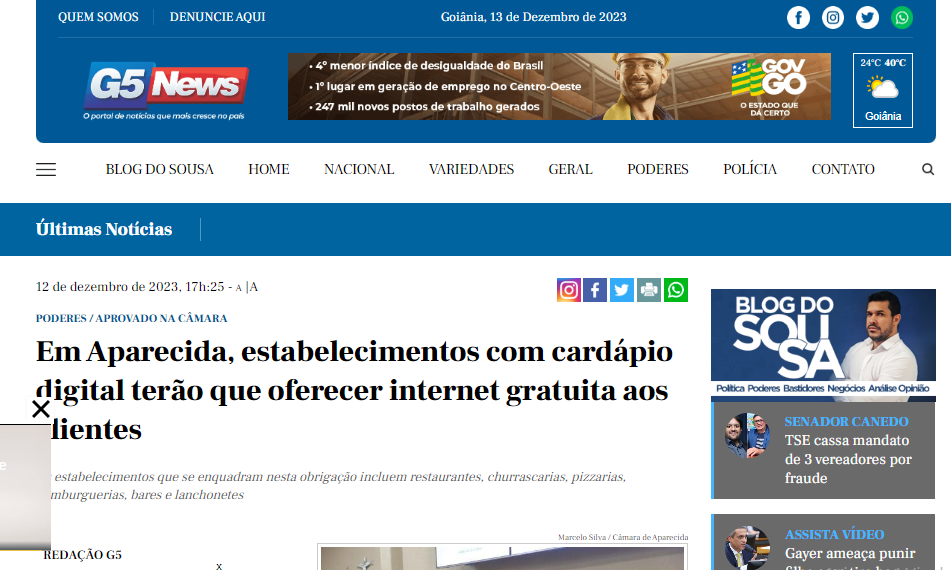 Aprovado acesso gratuito à internet em estabelecimentos com cardápios digitais