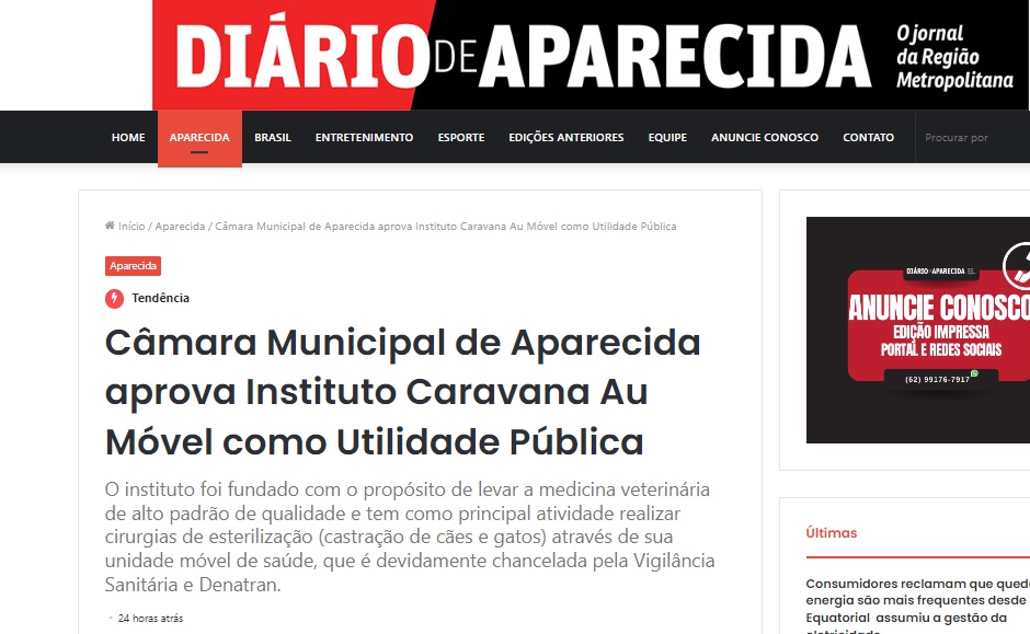 Câmara Municipal de Aparecida aprova Instituto Caravana Au Móvel como Utilidade Pública