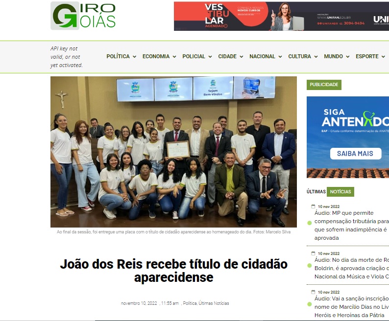 João dos Reis recebe título de cidadão aparecidense